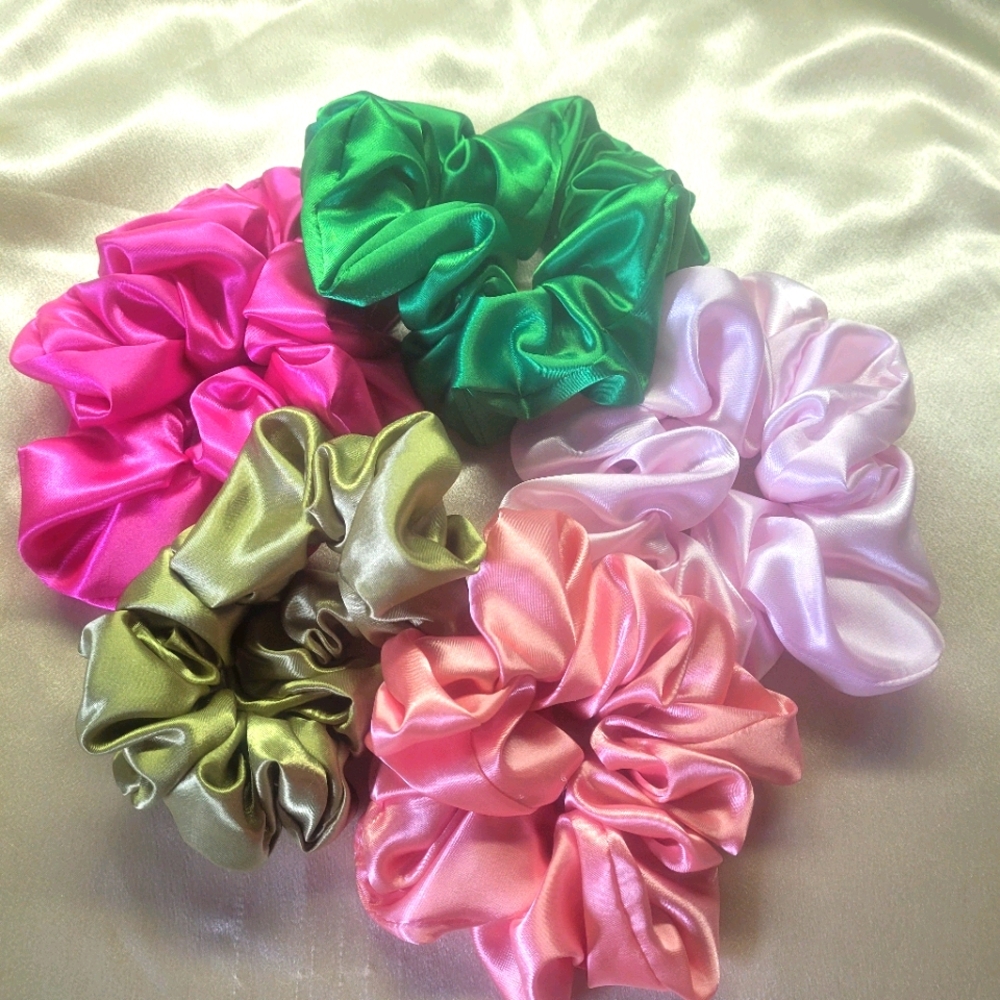 Satin Hair Scrunchie Set - Pink, Green, Light Pink, Olive, Hot Pink. Jumbo size